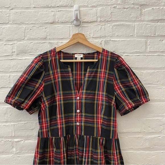 J.Crew || Stewart Tartan Puff-Sleeve Midi Dress With Jeweled Buttons Black 14 - Picture 2 of 9